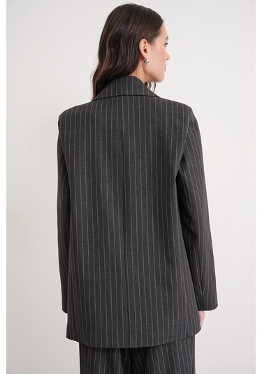 4753 Kadın Çizgili Oversize Blazer Ceket Antrasit Antrasit