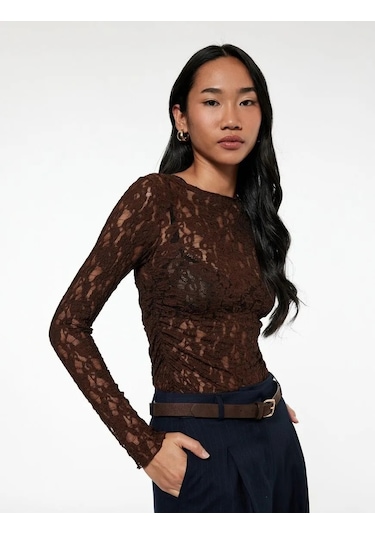 Koton Yarı Transparan Kayık Yaka Kadın Dantel Bluz 6wak80174ek Kahverengi