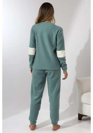 Fawn 5024 Peluş Welsoft Polar Kışlık Yumoş Kadın Pijama Takımı Yeşil