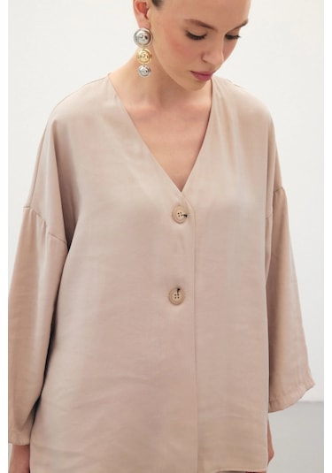 Sateen Düğmeli Kimono - Taş Taş