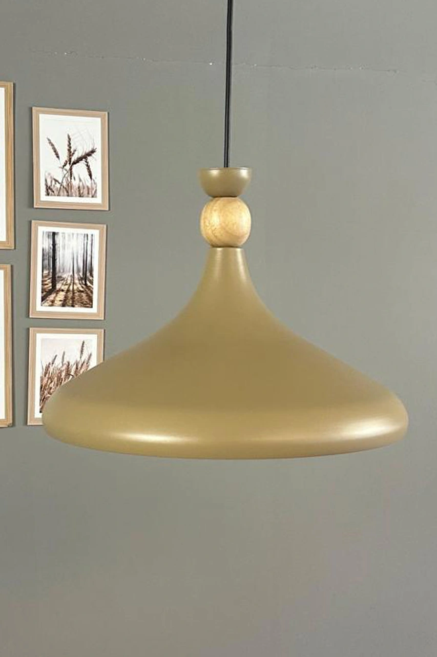 Bej Ahşap Şapka Tekli Avize Sarkıt Salon Mutfak Cafe Butik Lamba Aydınlatma Avizeler Bej