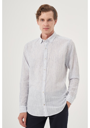 Morven Erkek Lacivert Keten Trend Dynamic Fit Britli Yaka Gömlek 25ys004022200 Lacivert Lacivert