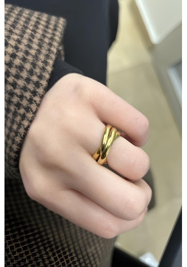 Takı Dükkanı Trinity 3lü Birbirine Geçmeli Sarmal Çelik Stres Yüzük Cl44 Sarı