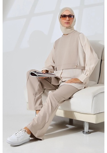 Kadın Taş Rengi Mevsimlik Penye Alt Üst Spor Ve Rahat Tesettür Takım Taş Rengi