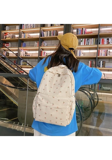 Yogodlns Moda Çiçek Sırt Çantası Kadınlar Için Su Geçirmez Naylon Sırt Çantası Genç Büyük Kapasiteli Öğrenci Okul Çantası Seyahat Kızlar Beyaz
