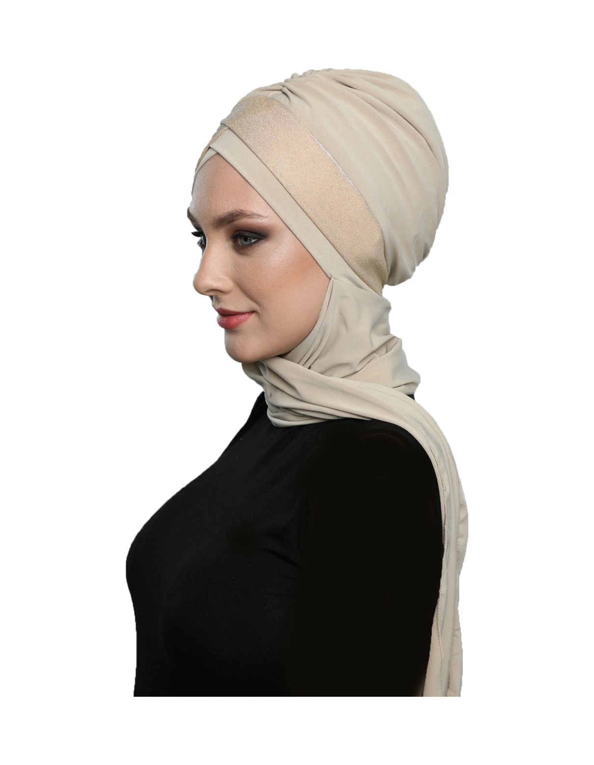 Çapraz Pike Atkılı Astarlı Bej Hazır Türban Tesettür Bone Bej