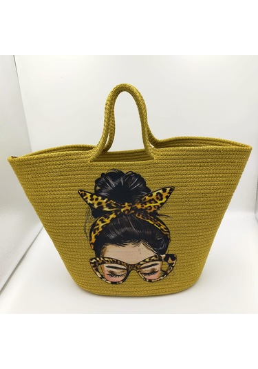 Hasır Çanta, Plaj Çantası, Baskılı Kadın El Ve Omuz Çantası Yeşil