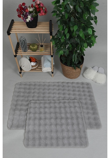 Modern Bubble Yıkanabilir Kaymaz Peluş Banyo Paspası Halısı 2'li Klozet Takımı 50x80-50x40cm Gri