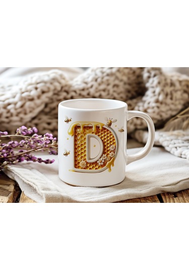 D Harfi Bal Arısı Tasarım Kupa Bardak - Bal Ve Petek Desenli Kişiye Özel Kahve Kupası - Hediyelik Beyaz