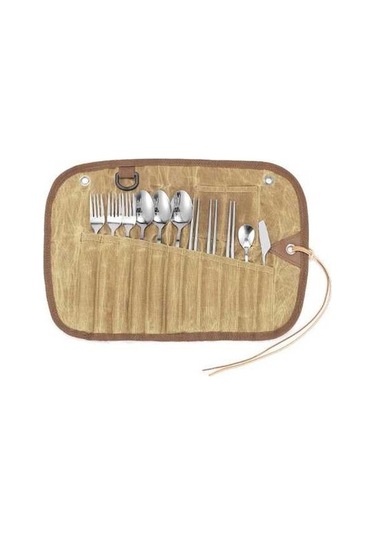 Dancemonkey Kampanya Çantası - 11 Parça Paslanmaz Çelik Yemek Takımı Çatal, Kaşık, Çubuk - Outdoor, Piknik İçin Sarı Sarı