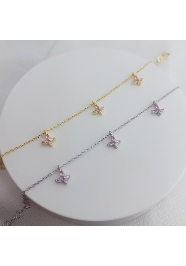 925 Ayar Gümüş Sallantılı Pembe Gold Kelebek Bileklik Altın