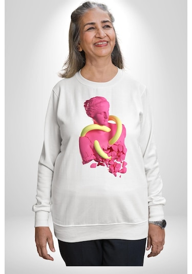 Pop Art Yaratıcı Heykel Pembe Unisex Beyaz Sweatshirt Beyaz