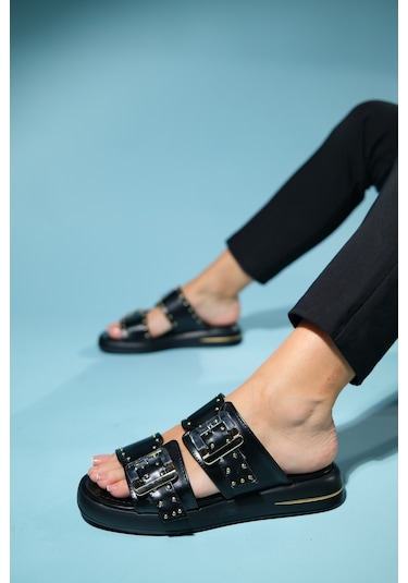 Luvishoes Zley Siyah Şeffaf Tokalı Kadın Terlik Siyah