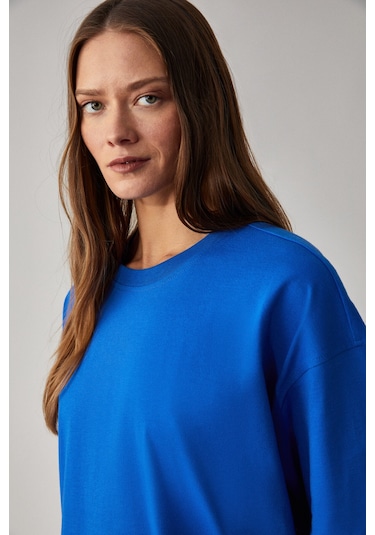 LAGERTHA Kadın %100 organik Pamuklu Kalın Dokulu Oversize Fit Yuvarlak Yakalı Mavi T-Shirt