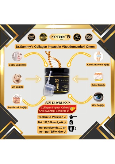 Dr. Sammy's Kolajen 10.000 Mg Tip 1-3 %100 Saf Patentli Hidrolize Sığır Kolajeni, 150mg Hyaluronik Asit, 500 Mg Vitamin C, 200 Mg Glutatyon, 25mg Resveratrol, 100 Mg Elastin, Core 15 Diyet Takviyesi