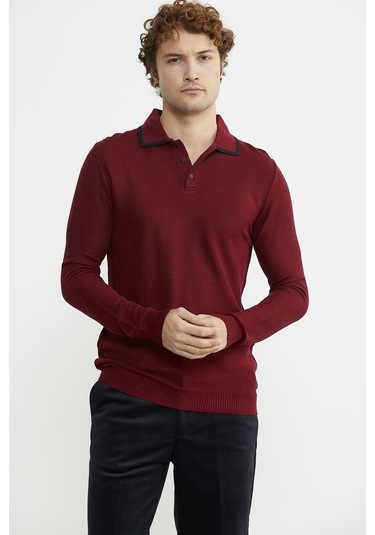 Polo Yaka Düğmeli Triko Kazak - Bordo 001