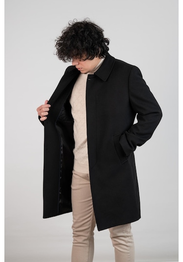 Yakalı Klasik Kesim Düğmeli Uzun Kaşe Erkek Kaban Siyah