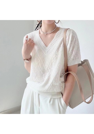 Beyaz Qooth Kadın V Yaka Kısa Kollu Taban Gömlek Ofis Bayan Moda Zarif Ince Örgü Üst İlkbahar Yaz Qt2038 Beyaz