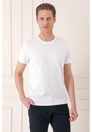 Slim Fit Bisiklet Yaka Pamuklu Beyaz Tişört Ts 880 Beyaz