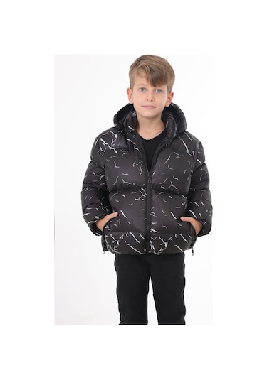 Erkek Çocuk Siyah Çıkabilir Kapüşonlu Su Ve Rüzgar Geçirmez Cepli Kışlık Şişme Mont Siyah