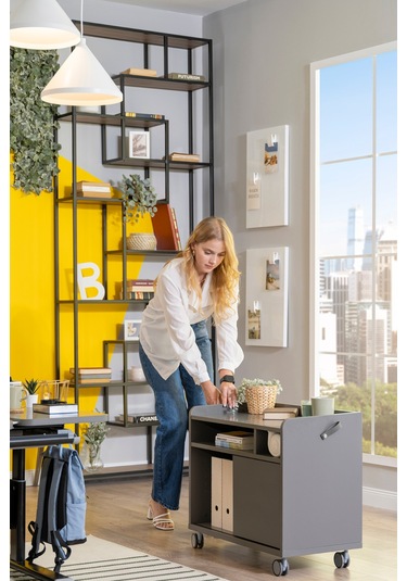 Creo Mobili Sürgü Kapaklı Organizer Smart Keson, Frenli Tekerlekli Ofis Ve Ev Komodini, Antrasit