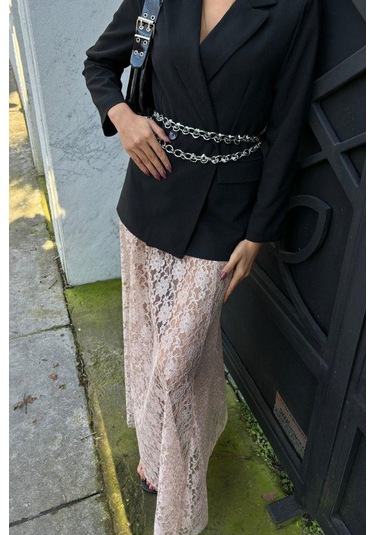 Crimson Grace Kadın Vizon Dantel Maxi Etek Şık Yazlık Tasarım Vizon