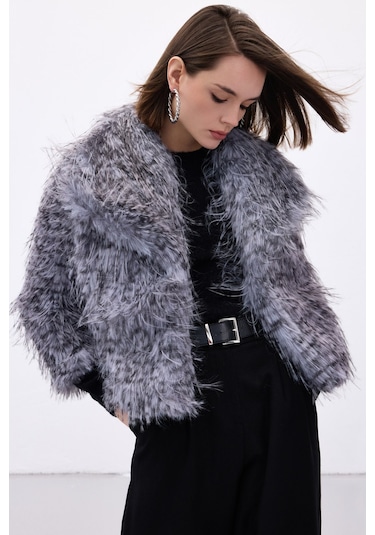 Sateen Leopar Desenli Kürk - Gri-136711 Gri