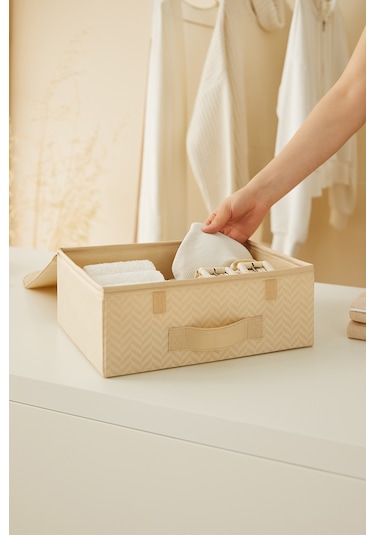 Ocean Home Textile 2'li Bej Balıksırtı Kapaklı Kutu Set 30 x 23 x 11 cm