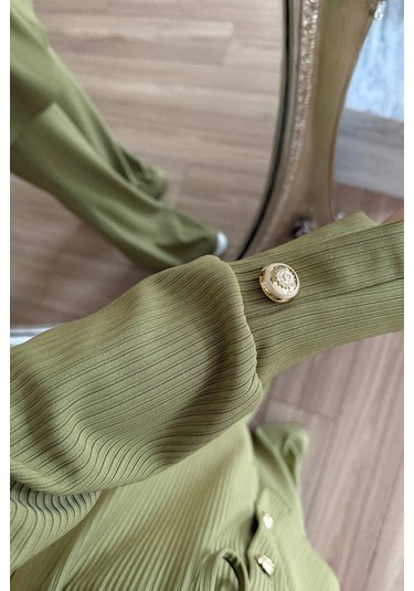 Gold Düğme Detaylı Fitilli Takım - Yağ Yeşili Yağ Yeşili