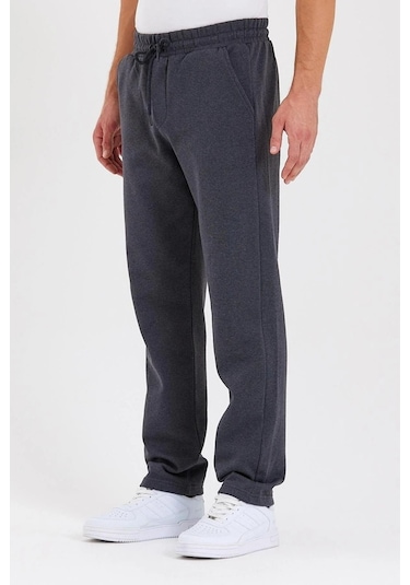 Comeor Antrasit Arka Cepli Etiket Detaylı Düz Paça İçi Pamuklu Erkek Eşofman Altı