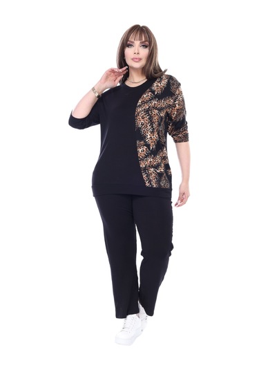 Melsay Butik Siyah Truvakar Kol Yarım Başak Garnili Viskon Büyük Beden Takım Siyah