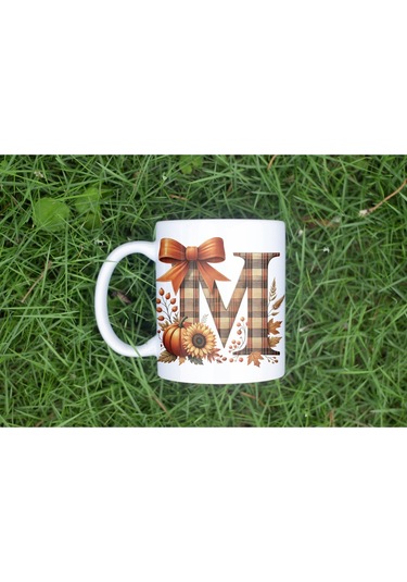 M Harfi Ekose Ve Sonbahar Temalı Kupa Bardak - Kişiye Özel Sıcak Tonlar Alfabe Kupa - Hediye Beyaz