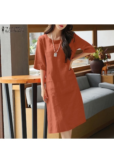 Zanzea Pamuk Keten Elbise Kadın Yaz Rahat O-boyun Yarım Kollu Elbise Haki
