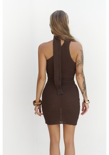 Budah Asimetrik Triko Kahve Mini Elbise Kahve