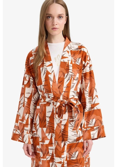 Defacto Relax Fit Bisiklet Yaka Desenli Viskon Kimono E7262ax25smog613 Turuncu