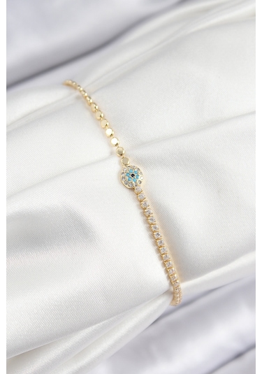 Pirinç Zirkon Taşlı Nazar Model Ezme Zincir Gold Renk Kadın Bileklik Altın