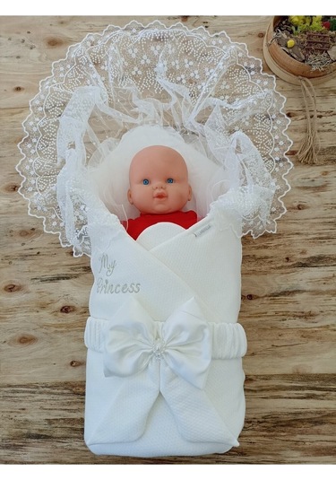 Mevlütlük Dantelli Bebek Kundağı Unisex Bebek Dış Kundak Battaniyesi Hastane Çıkışı Yenidoğan Kundak Ekru