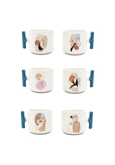 6'lı Modern Kız Art - T Kulp Kupa 1 Beyaz