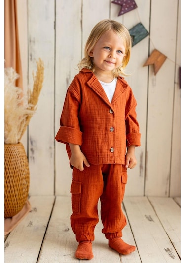 Oliventhekid Müslin Kumaş Kiremit Renk Kargo Pantolon Kiremit Kiremit