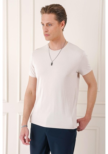 Slim Fit Bisiklet Yaka Düz Pamuklu Açık Bej Tişört Ts 823 Bej