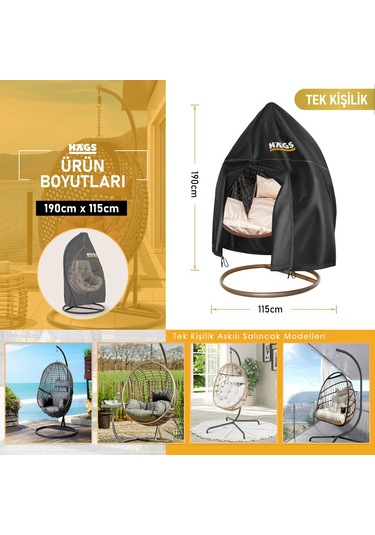 Haegs Bahçe Salıncağı Örtüsü, Rattan Hamak Koltuk Salıncak Koruyucu Kılıfı Brandası, 190 X 115cm Siyah