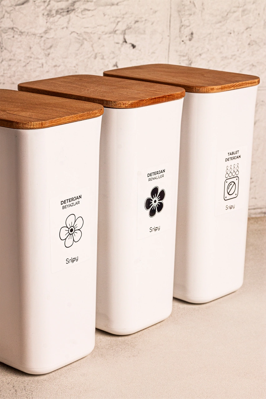 Clean - 3'lü Büyük Boy Deterjan Saklama Kutusu Etiketli Banyo Toz Tablet Toz Deterjan Kutusu 2900 Ml Ahşap