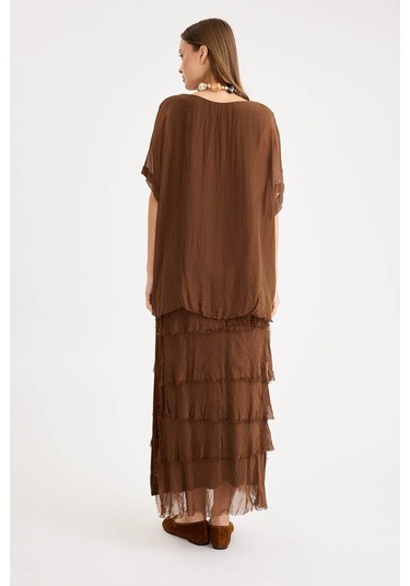 İtalyan 2 Beden Ince Gösteren Yarım Kol Kat Kat Ipek Elbise-8794 Kahverengi