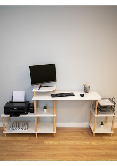 Çalışma Masası 5 Raflı Ahşap Ayaklı Dekoratif Modern Bilgisayar Ofis Masası - Beyaz - Köşe