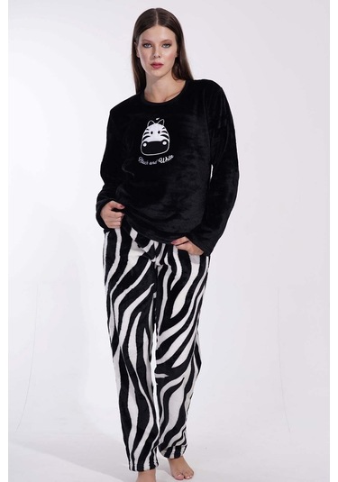 Kadın Uzun Kol Welsoft Siyah Pijama Takımı C3t0n3o059 001