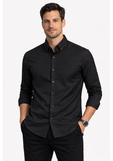 Classics Men Shoow Uzun Kol Slim Fit Erkek Keten Gömlek - 7576 Siyah