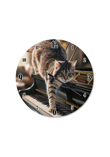 Piyano Çalan Kedi Analog Duvar Saati