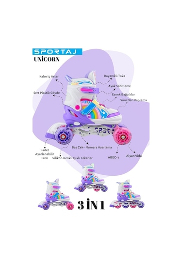 Unicorn Işıklı Mor Paten Gökkuşağı Çocuk Pateni Silikon Teker Mor