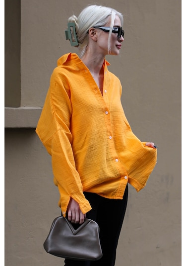 Madmext Turuncu Muslin Kumaş Basic Kadın Gömlek Mg1660-turuncu Turuncu