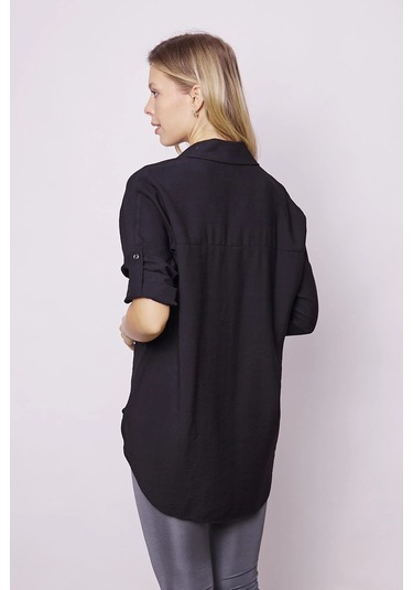 Kadın Keten Görünümlü Kolu Katlanabilir Rahat Kesim Uzun Tunik Gömlek-siyah Siyah